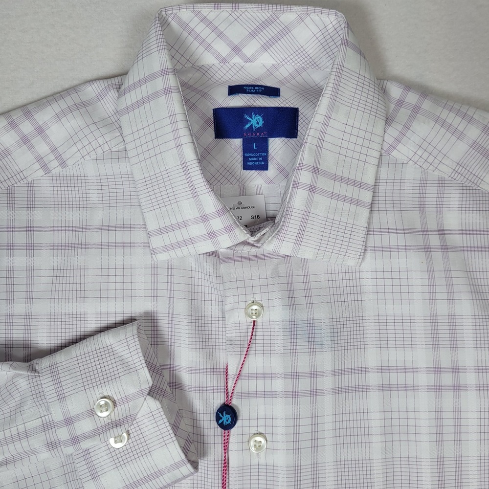 Egara Long Sleeve Slim Fit Size‎ LG Button Up White & Purple  Check 100% Cotton